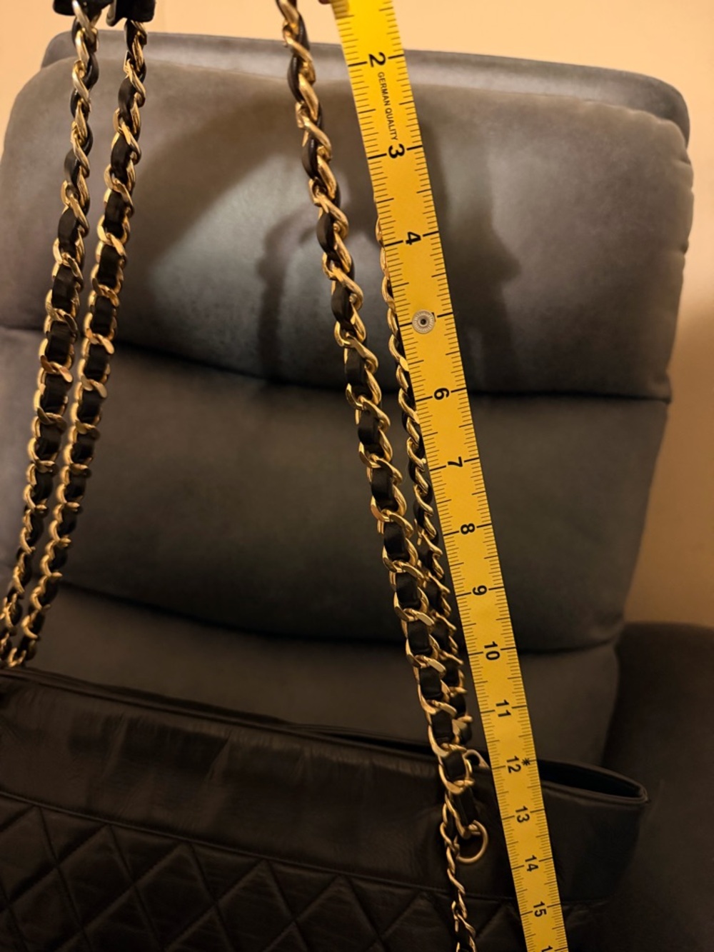 XL Vintage CHANEL Black Quilted Leather Tote with Gold Chain and CC Charm - Picture 15 of 17